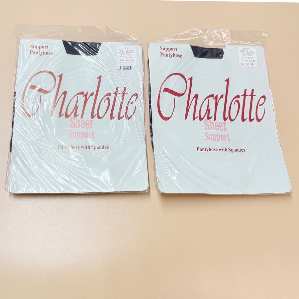 Lot of 2 Charlotte Sheer Support Pantyhose Off Black Petite Medium Made in USA